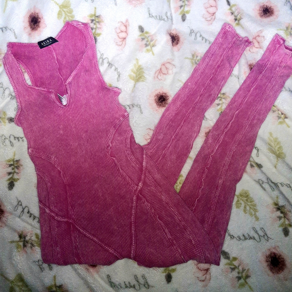 Akira Hot Pink Acid Wash Ribbed Jumpsuit Size Large/ Purple Lace Up Acid Wash Ri
